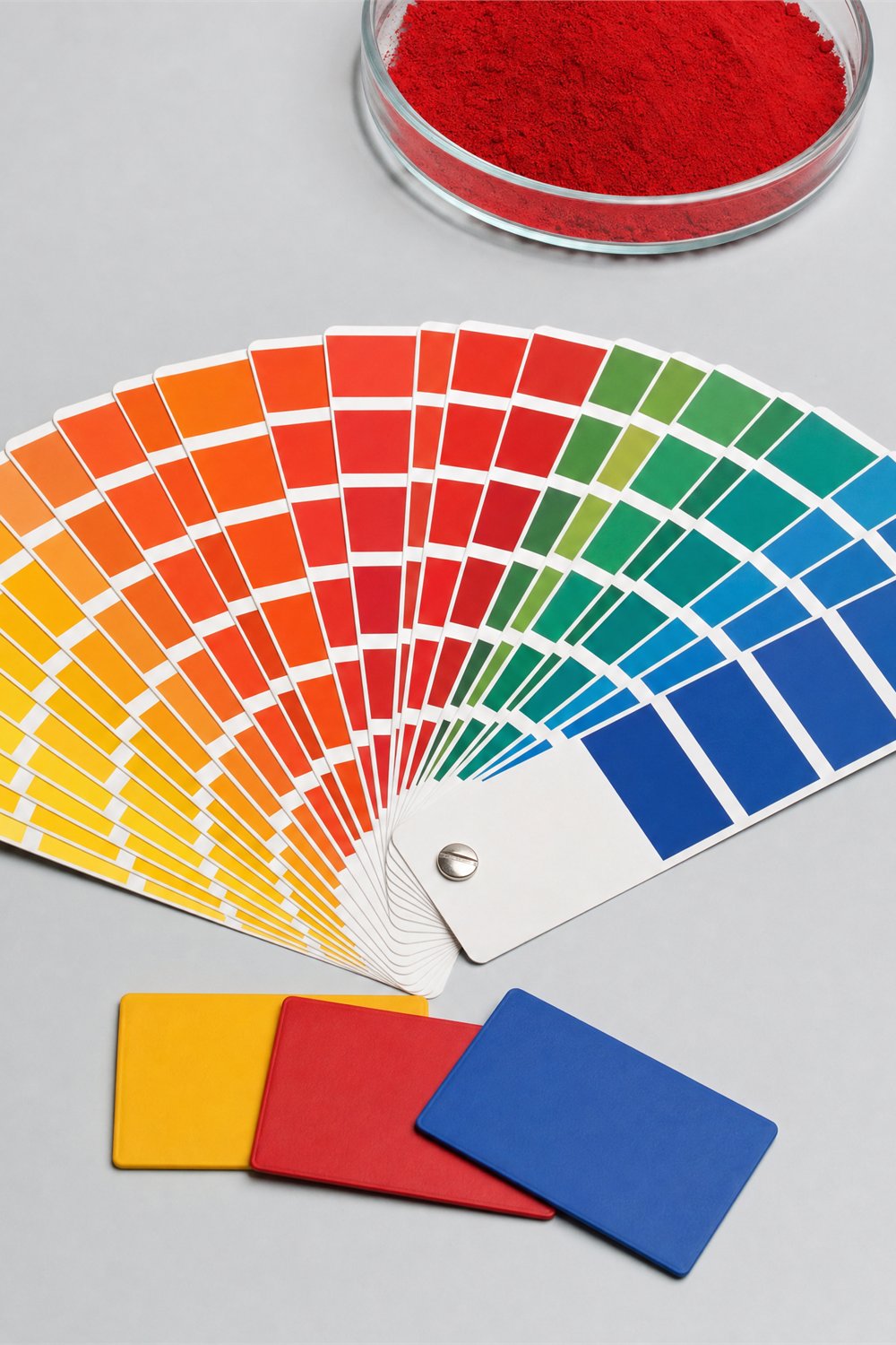 Abanico de referencia de color abierto junto a tres placas de plástico y pigmento rojo en polvo