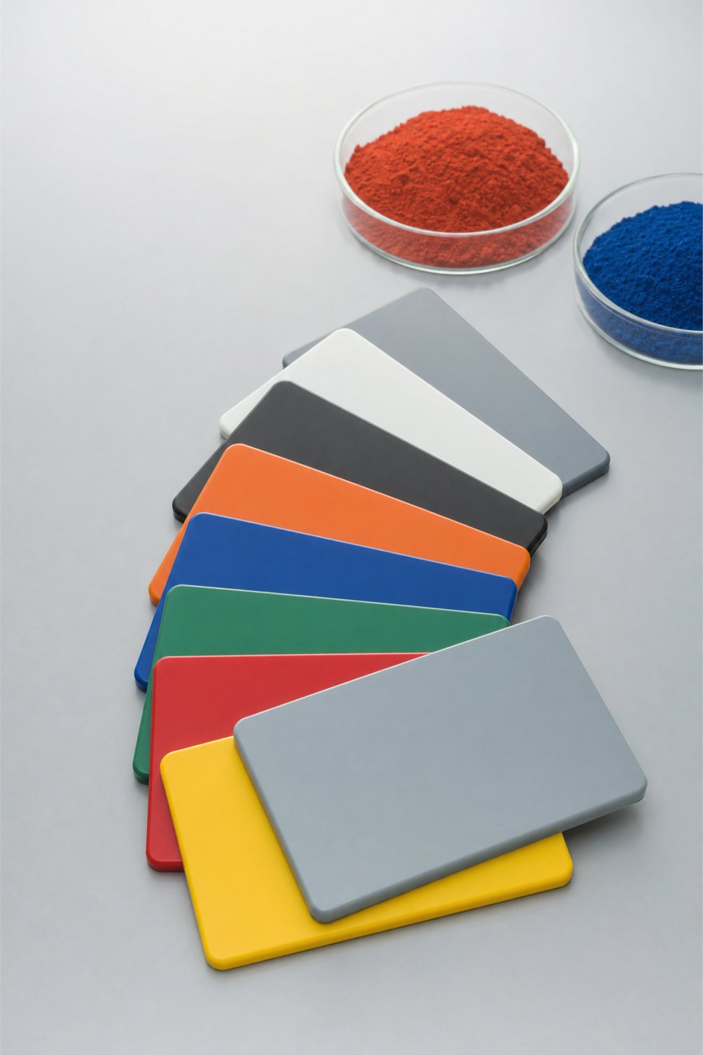 Placas de plástico de colores en abanico y dos cajas Petri con pigmento rojo y azul en polvo