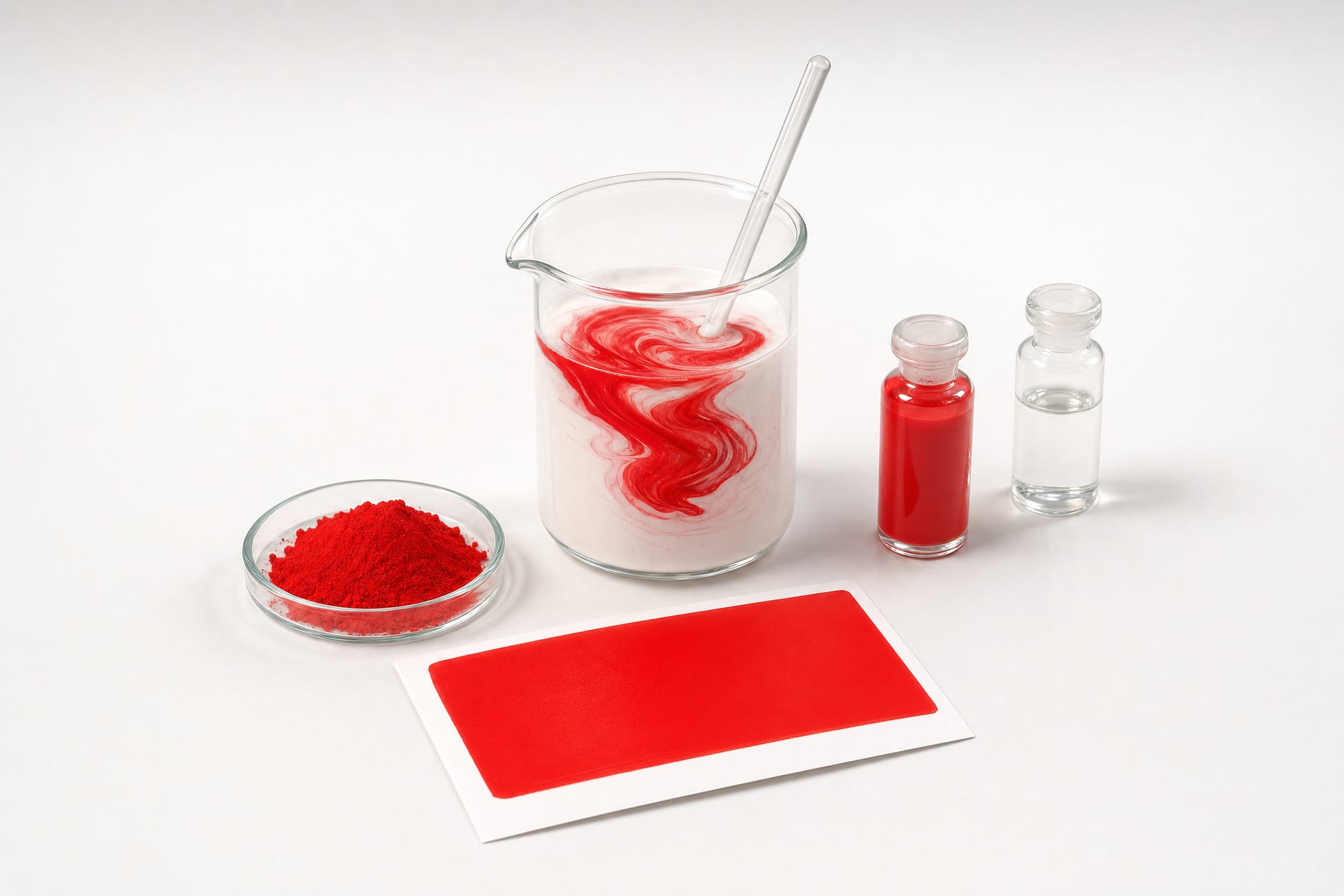 Pigmento rojo en polvo, dispersión y aditivo entrando a una base de pintura blanca