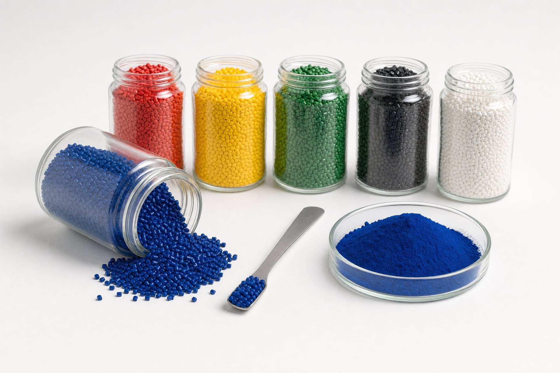 Masterbatch azul en pellets y pigmento azul en polvo, con frascos de pellets de colores en inventario