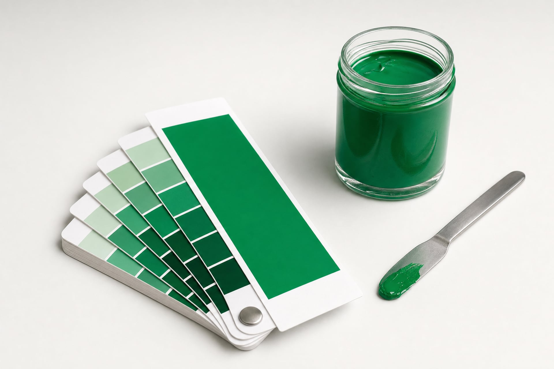 Abanico de referencia de color junto a un frasco de tinta verde del mismo tono