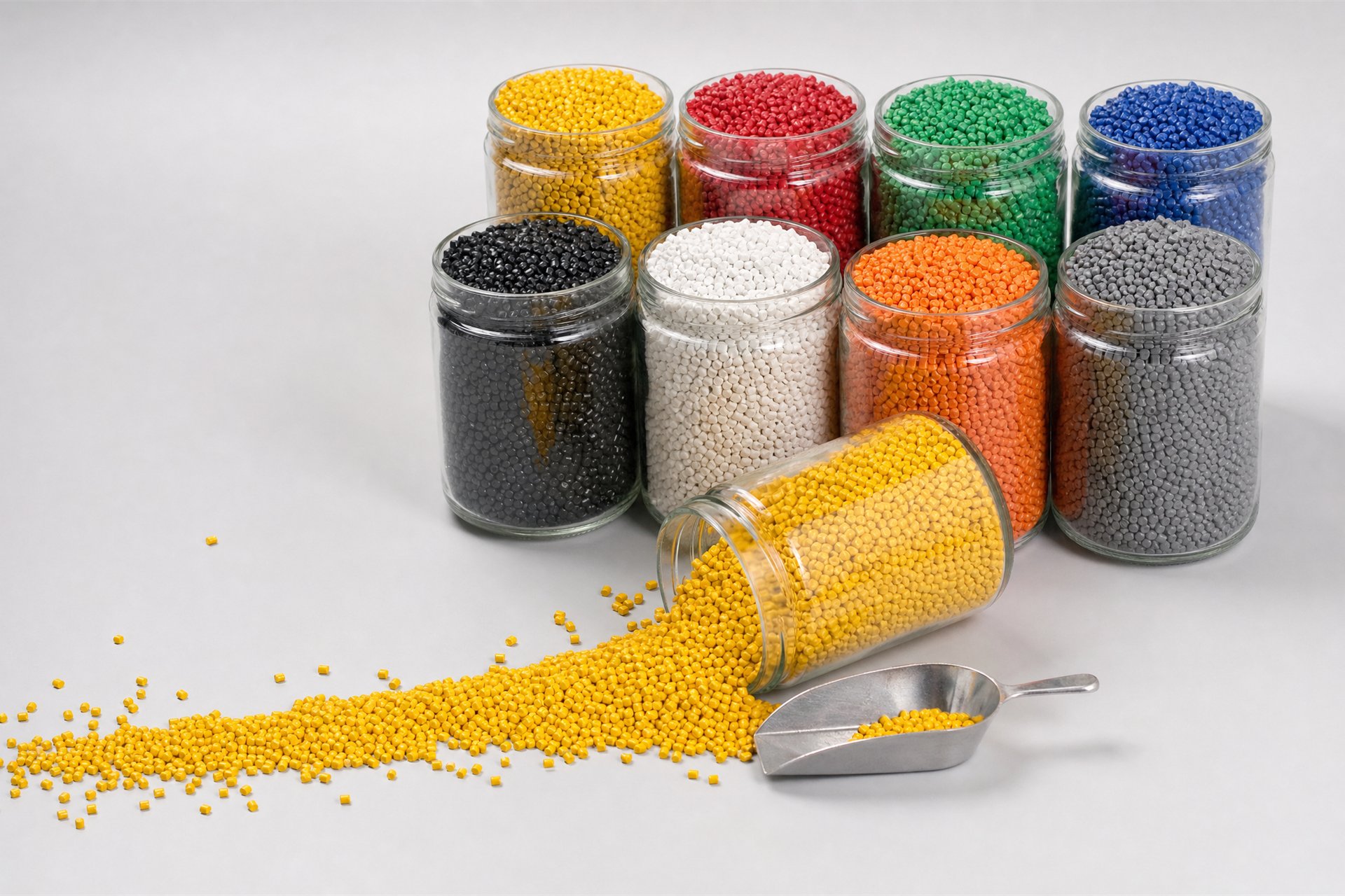 Frascos de masterbatch de ocho colores, uno volcado con pellets amarillos, y una cucharilla de laboratorio