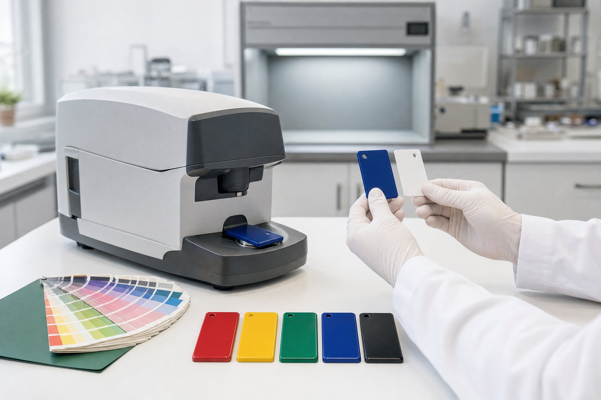 Comparing color plaques in the Delta Pigmentos quality control laboratory